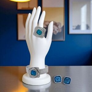 Turkish Handmade Zamak Jewelry Set Silver Tone Teal Blue Stone Boho Statement